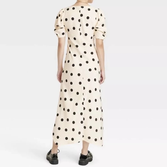 NWT Women's Crepe Short Sleeve Midi Dress - A New Day Beige Polka Dots XS - Picture 2 of 5